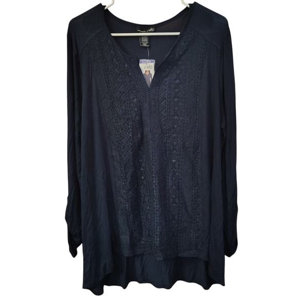 Navy Blue Shirt Size XXL Women's Lace Front Long Sleeves Boho Romantic Winter - Picture 1 of 5
